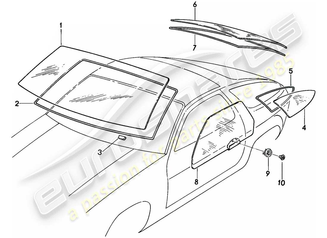 porsche 1983 (928) vetri della finestra diagramma delle parti