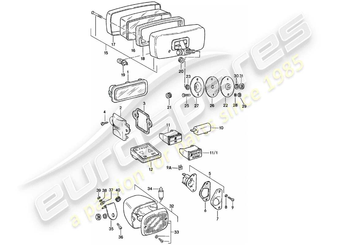 porsche 1982 (911) luci interne - fendinebbia diagramma delle parti