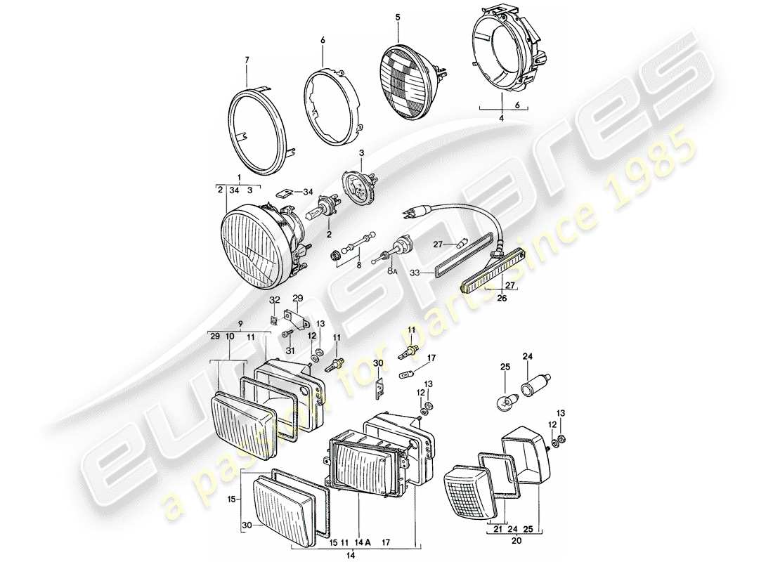 porsche 1983 (928) fanale anteriore - indicatore di direzione schema delle parti