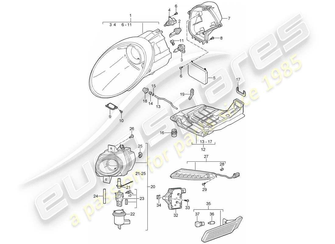 porsche 2008 (997-1 turbo / gt2) diagramma delle parti del faro