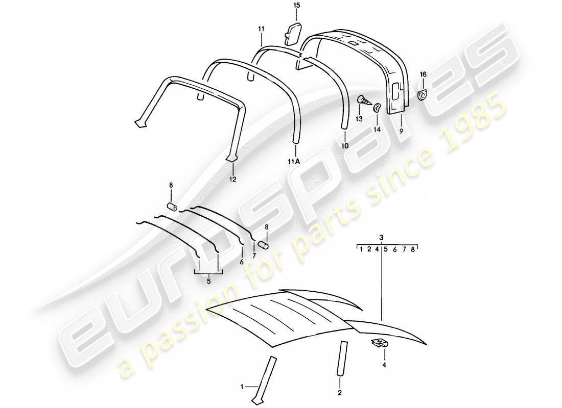 porsche 1982 (911) dotazioni interne - tetto diagramma delle parti