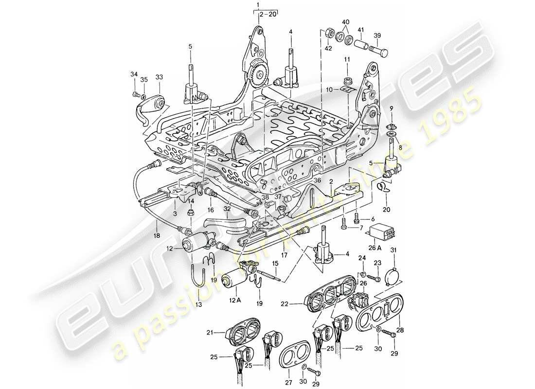 porsche 1987 (959) sedile sportivo - telaio per sedile diagramma delle parti