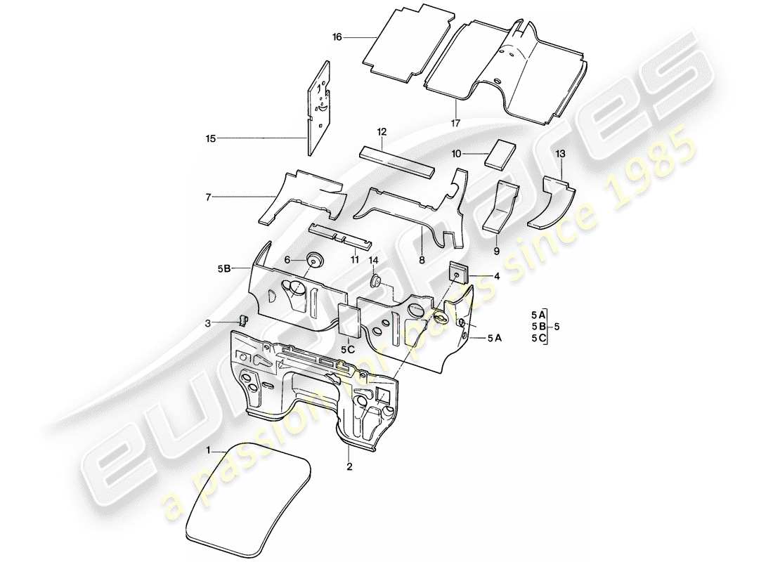 porsche 1986 (928) scocca - isolamento acustico 1 diagramma delle parti