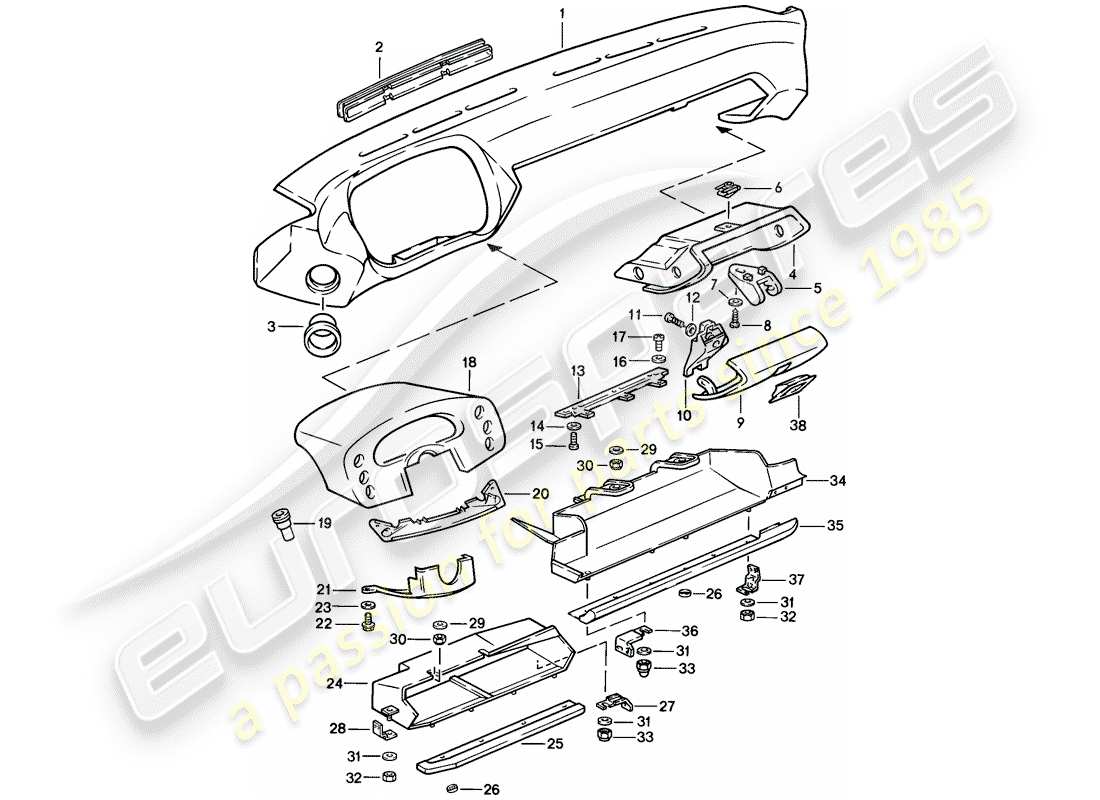 porsche 1986 (928) rivestimento del pannello del cruscotto diagramma delle parti