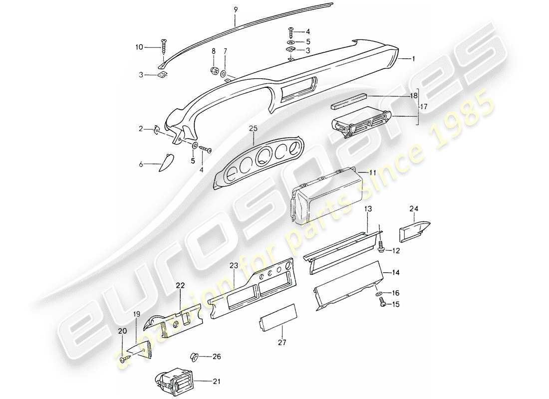 porsche 1998 (993) cruscotto - per veicoli con - airbag - (lato passeggero) schema delle parti