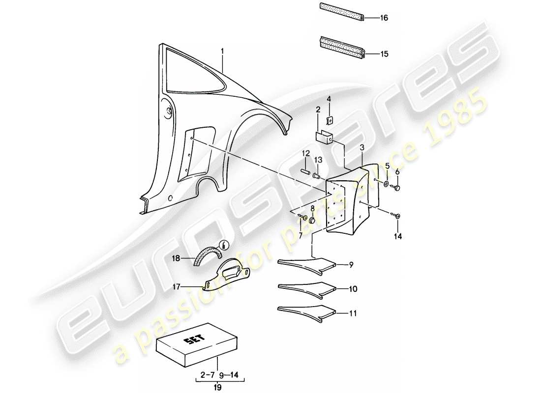 porsche 1987 (911) modello speciale - design a naso piatto - pannellatura esterna schema delle parti
