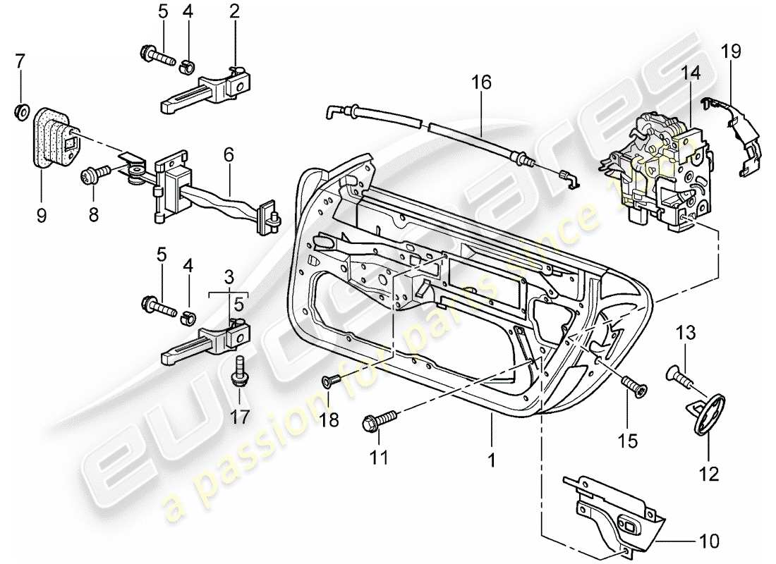 porsche 2004 (996 gt3) guscio della porta - chiusura della porta diagramma delle parti
