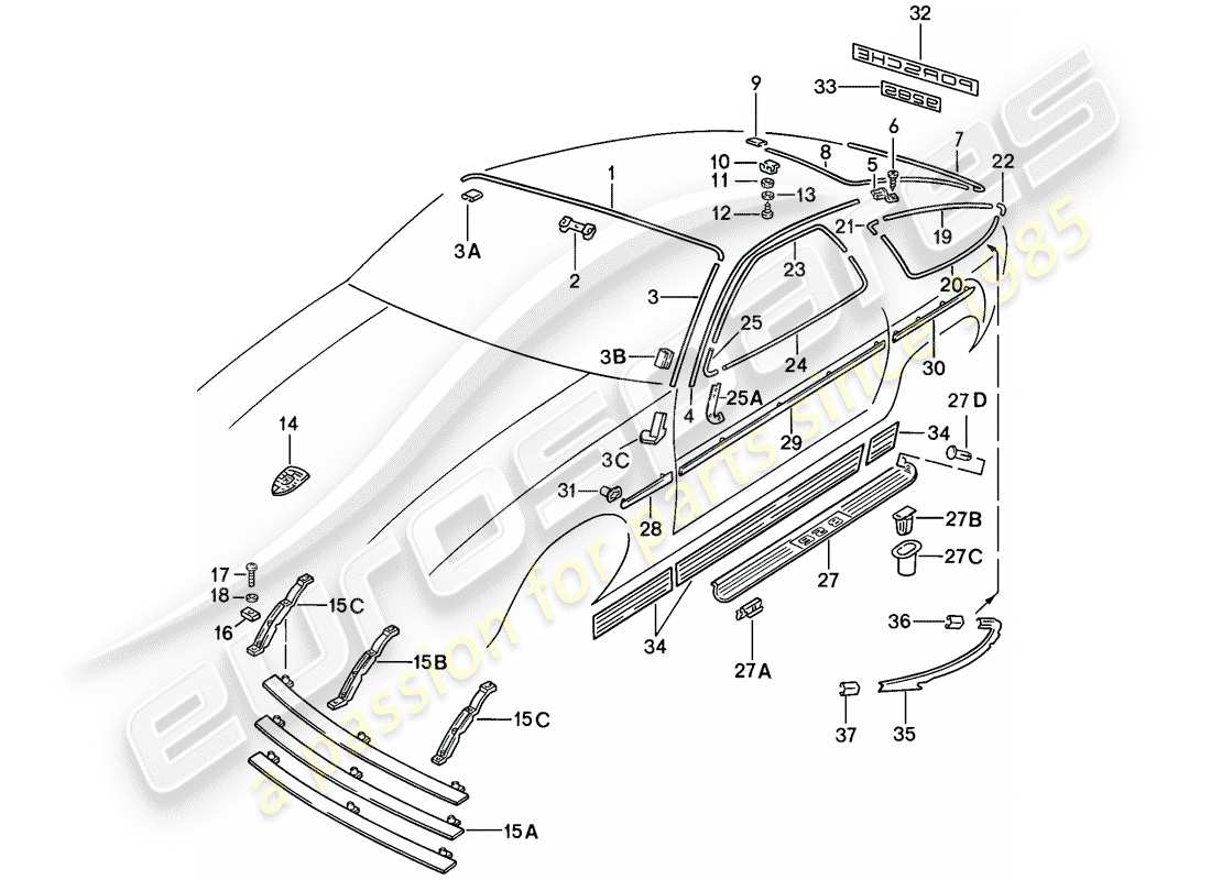 porsche 1981 (928) profilo di copertura - raccordi decorativi - f >> 92-cs800 354 - f >> 92-cs840 998 - f 92-cs800 355>> - f 92-cs{ 10} 999>> - vedi tpi - gr.8 nr.38 diagramma delle parti
