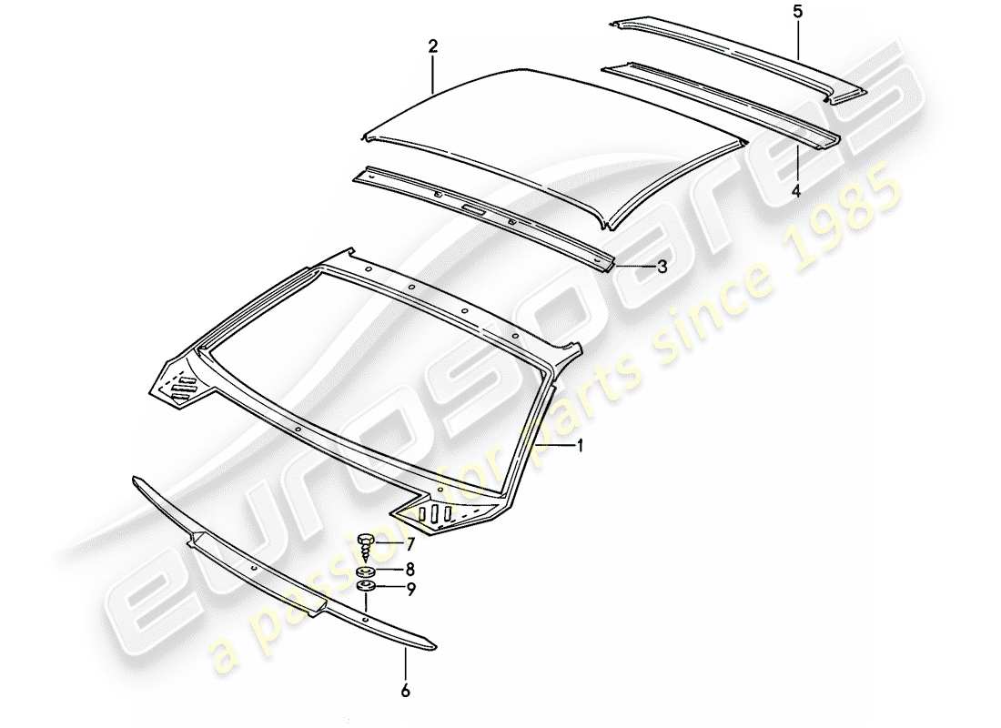 porsche 1982 (928) pannello esterno del tetto - cappuccio schema delle parti