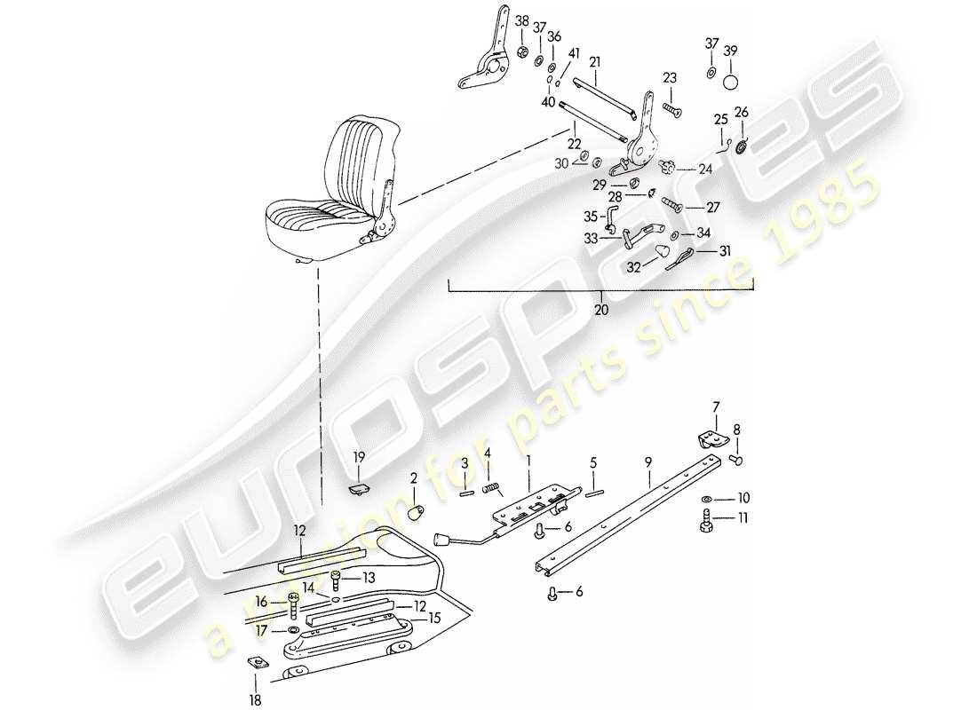 porsche 1963 (356b/356c) guida del sedile e meccanismo del sedile reclinabile schema delle parti