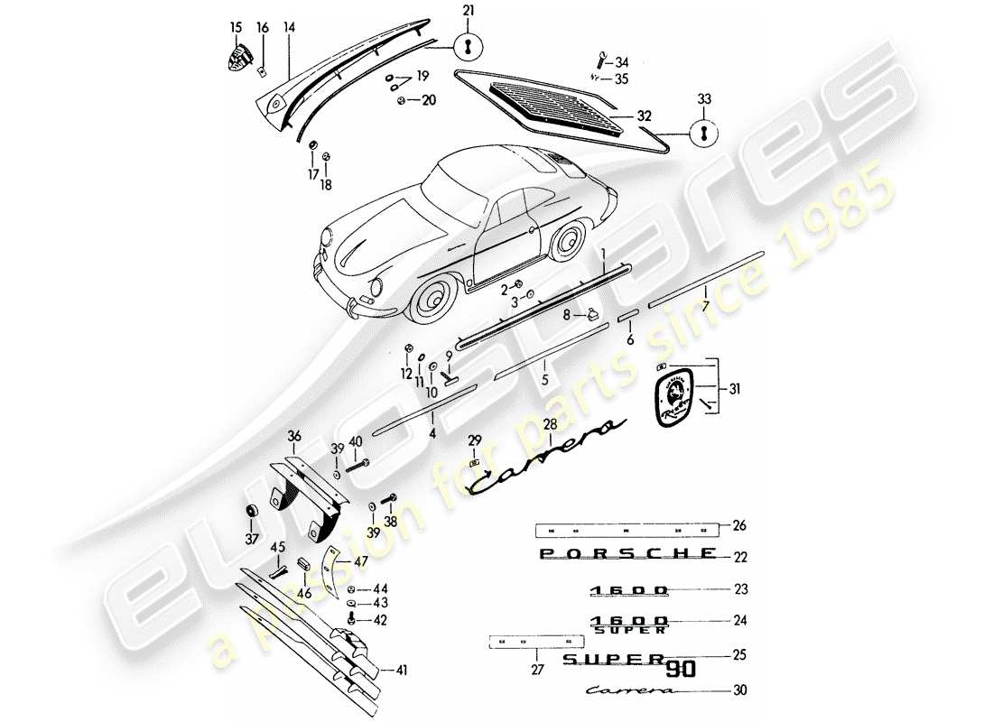 porsche 1963 (356b/356c) raccordi decorativi diagramma delle parti