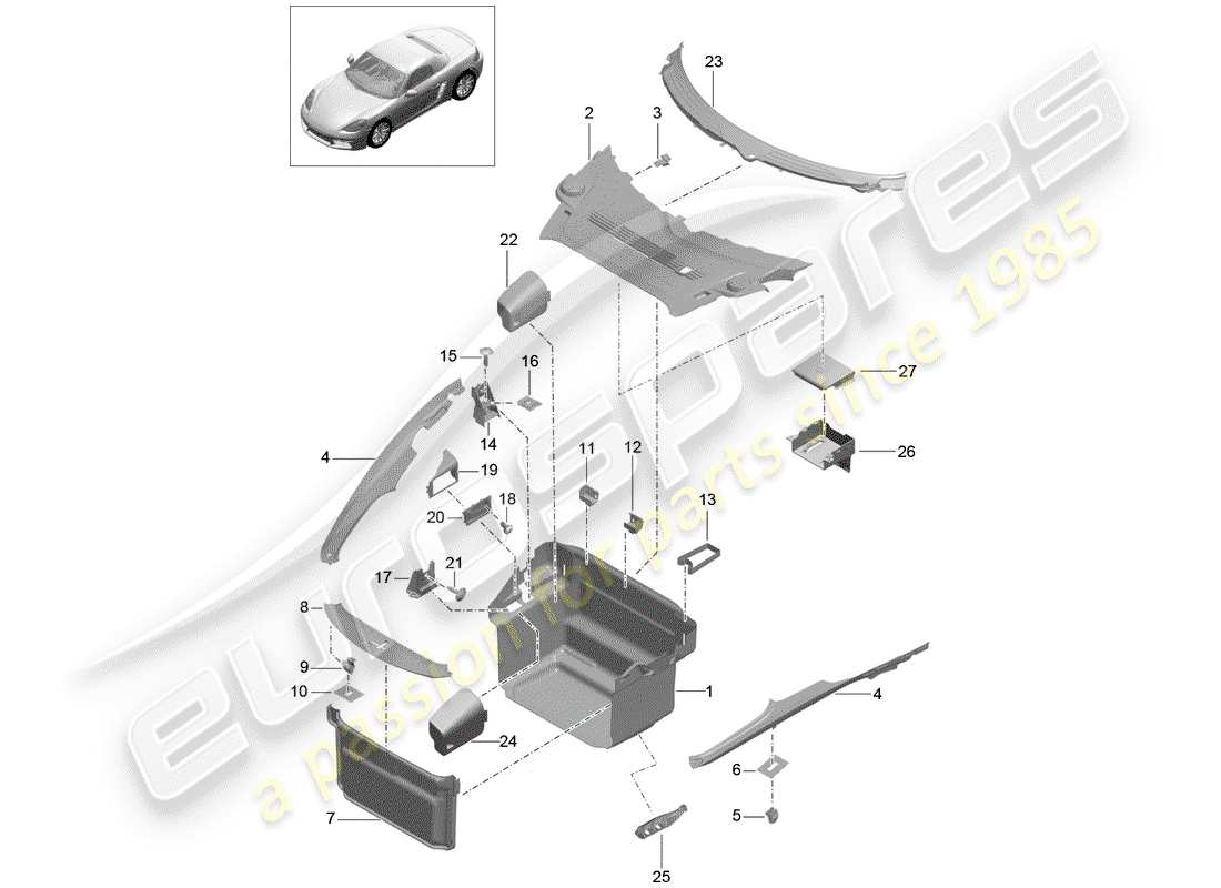 porsche 718 boxster (2020) diagramma delle parti della fodera dello stivale