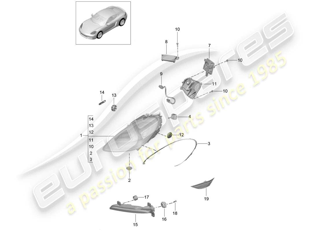 porsche 2017 (718 cayman) diagramma delle parti del faro