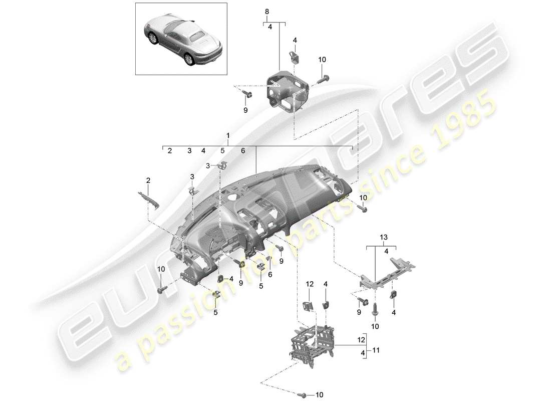 porsche 2020 (718 boxster) rivestimento del pannello del cruscotto diagramma delle parti