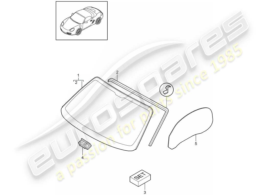 porsche 2011 (987 boxster) vetri della finestra schema delle parti