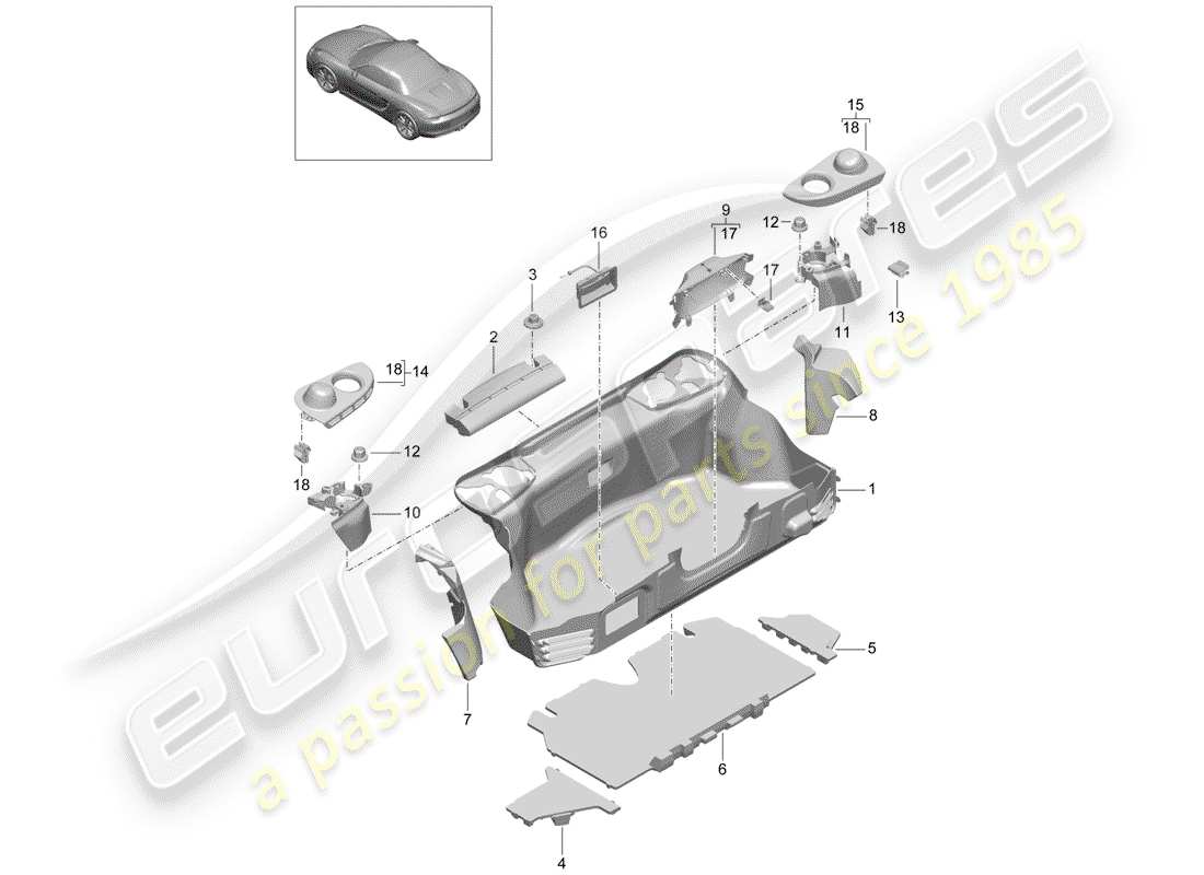 porsche 2016 (981 boxster) compartimento bagagli diagramma delle parti