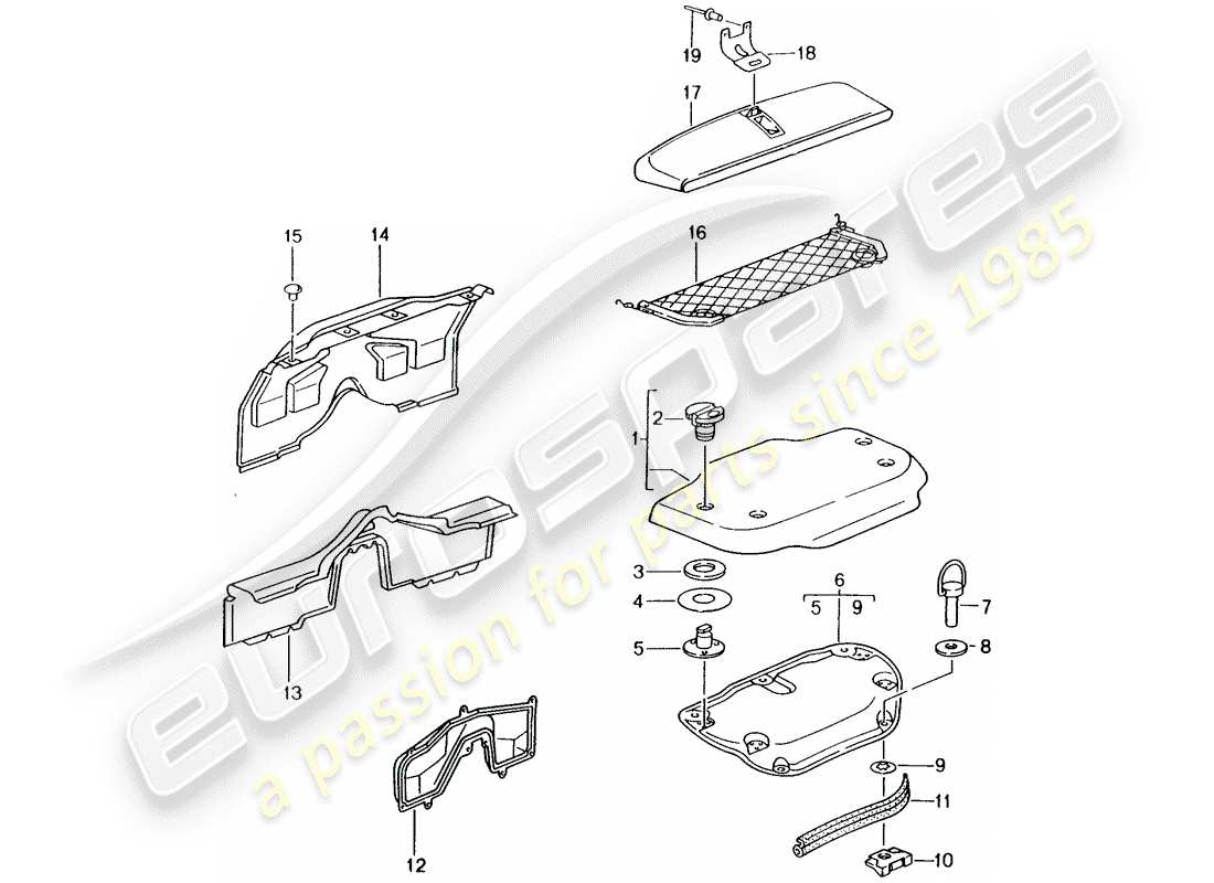 porsche 1998 (986 boxster) rivestimenti - vano motore diagramma delle parti
