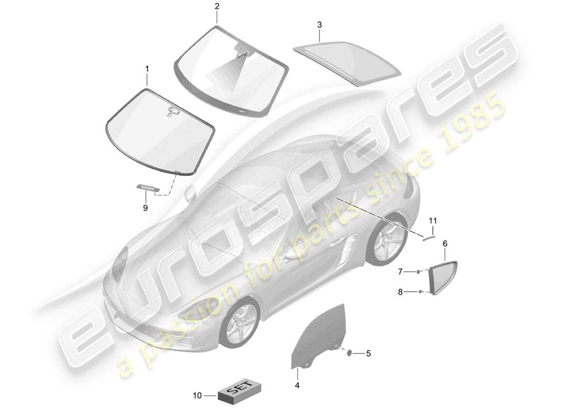 porsche 2019 (718 cayman) vetro del parabrezza diagramma delle parti