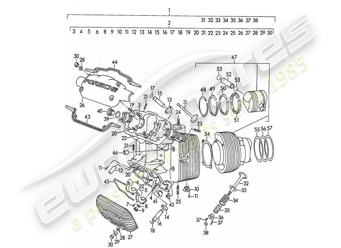 porsche 1954 (356/356a) testata - cilindro con pistoni - m 90 501 >> 91 000 diagramma delle parti