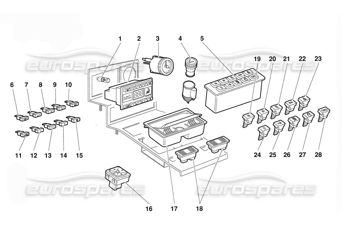 lamborghini diablo (1991) diagramma delle parti degli strumenti del pannello tunnel