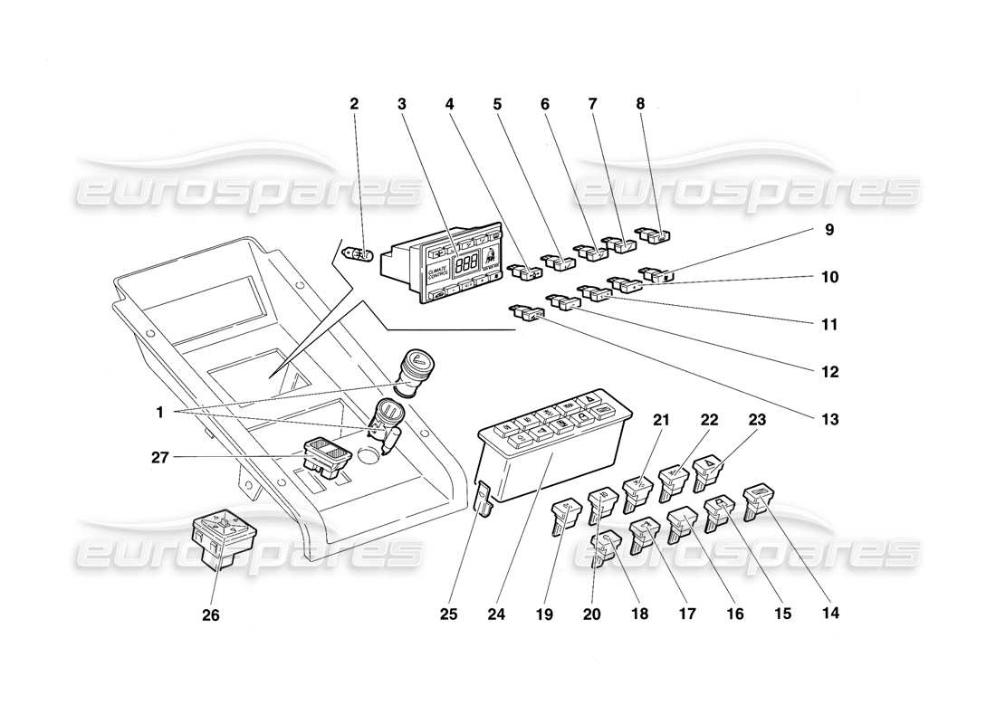 lamborghini diablo sv (1997) diagramma delle parti degli strumenti del pannello tunnel
