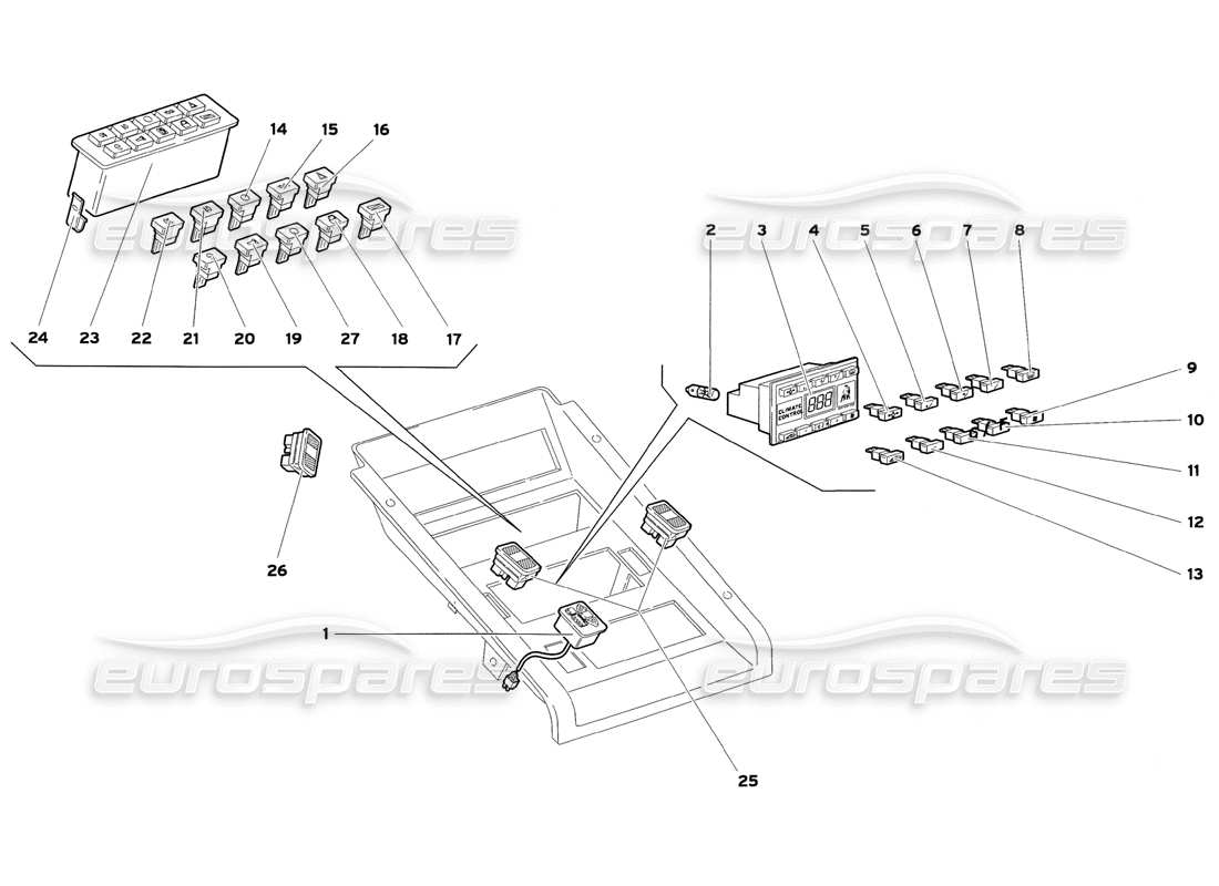 lamborghini diablo sv (1999) diagramma delle parti degli strumenti del pannello tunnel