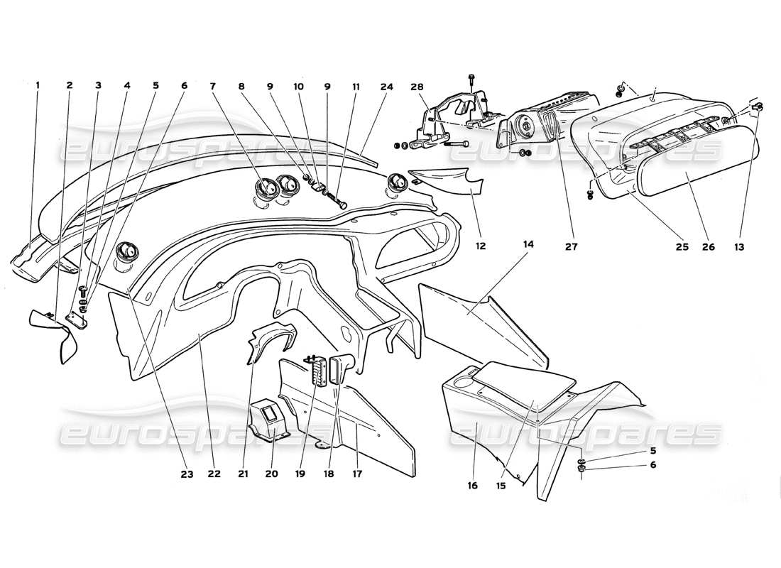 lamborghini diablo gt (1999) pannelli interni dell'abitacolo con diagramma delle parti dell'air bag