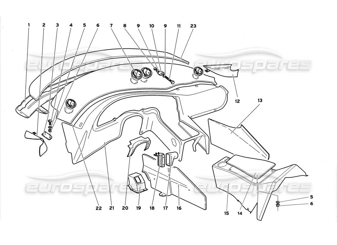 lamborghini diablo gt (1999) schema delle parti dei pannelli interni dell'abitacolo senza airbag