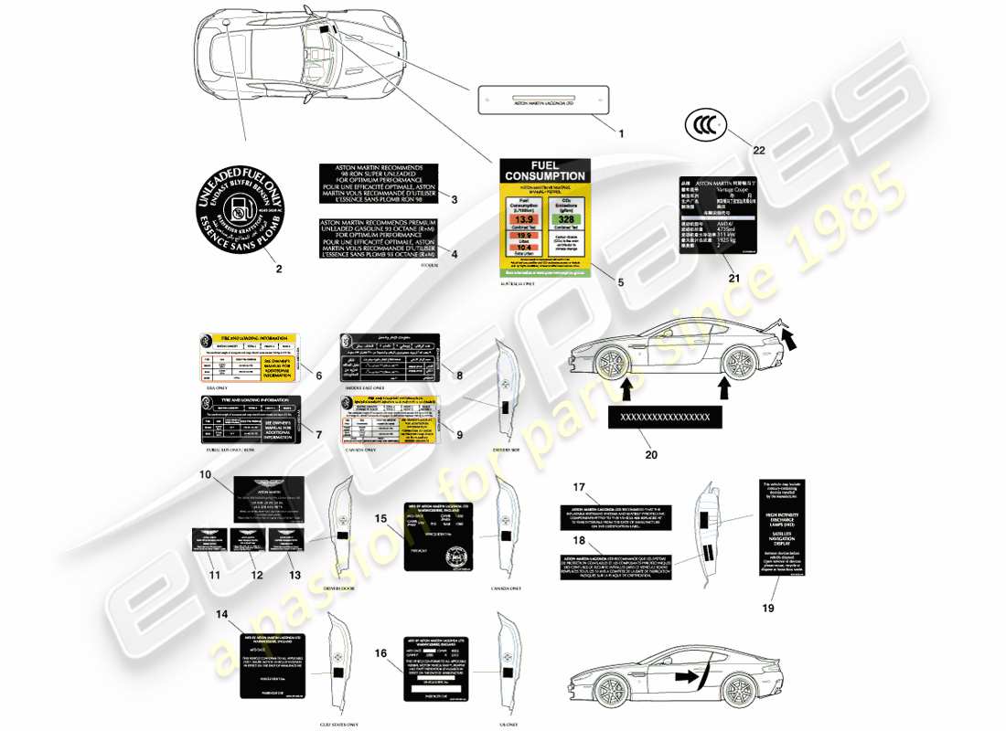 aston martin v8 vantage (2007) diagramma delle parti delle etichette esterne