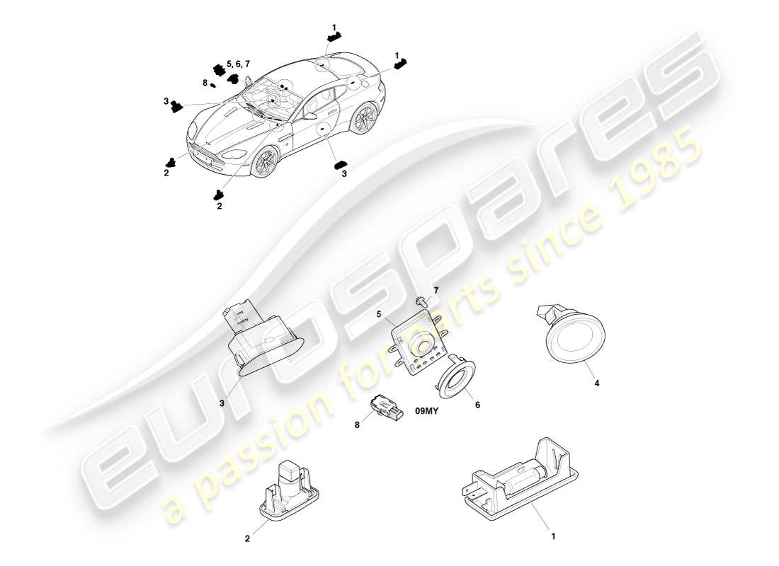 aston martin v8 vantage (2007) diagramma delle parti dell'illuminazione di cortesia
