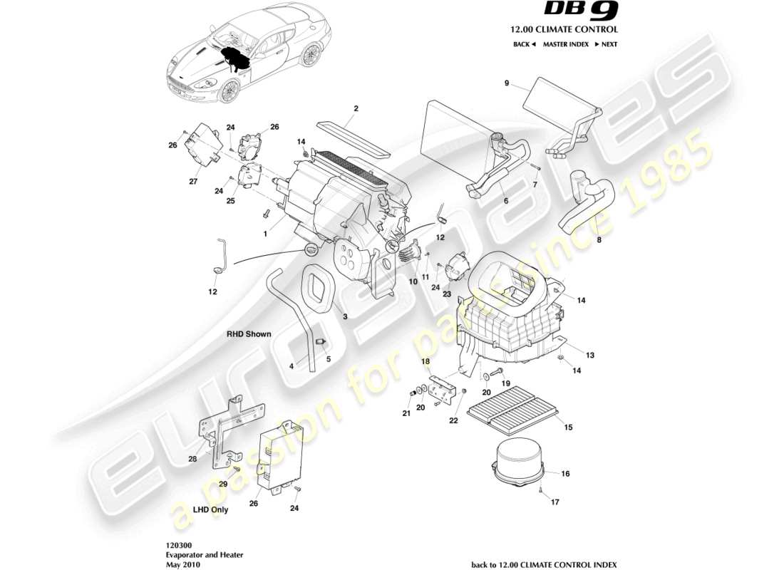 aston martin db9 (2010) diagramma delle parti dell'evaporatore e del riscaldatore