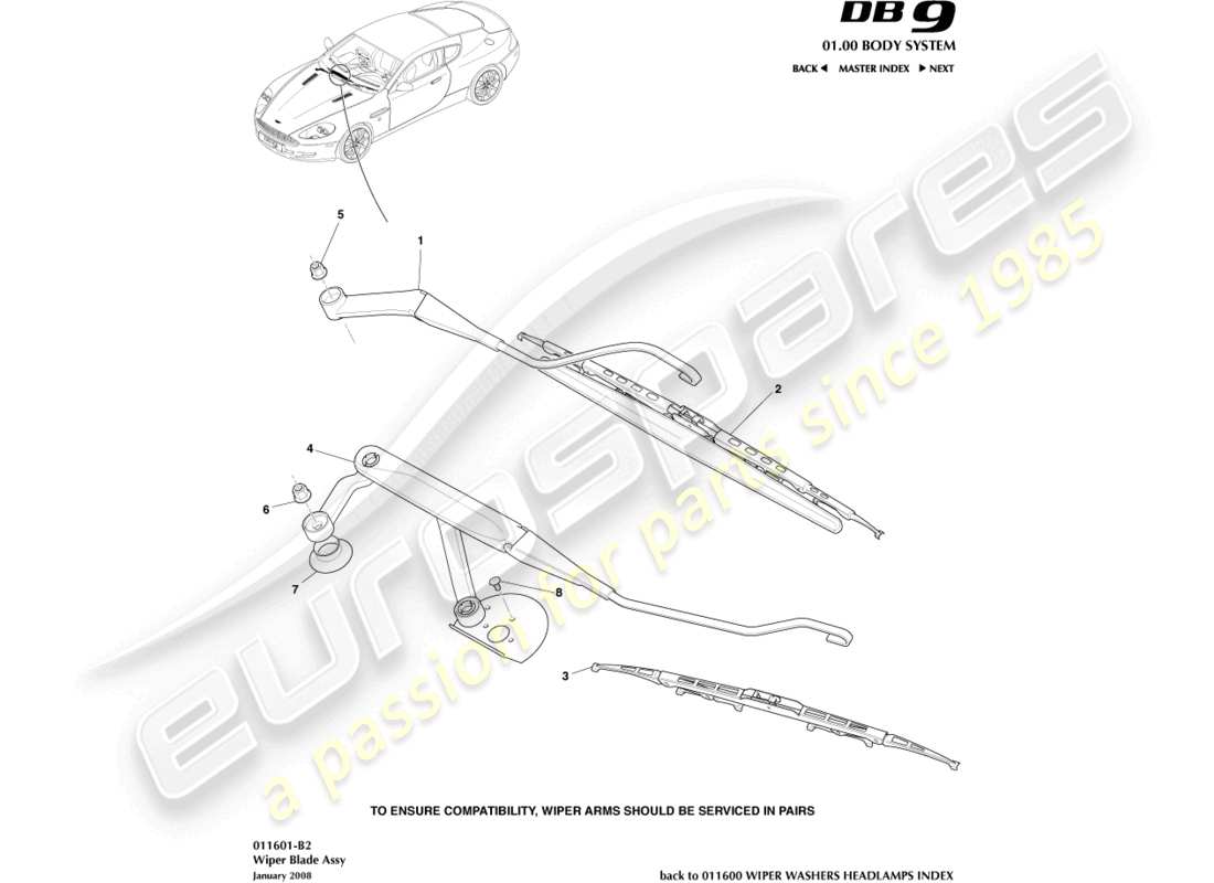 aston martin db9 (2012) wischerblattbaugruppe teilediagramm