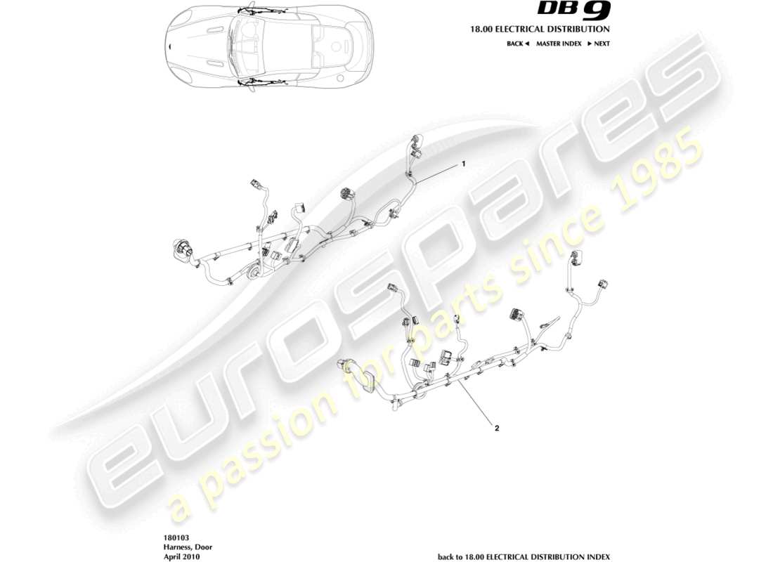 aston martin db9 (2010) diagramma delle parti del cablaggio della porta
