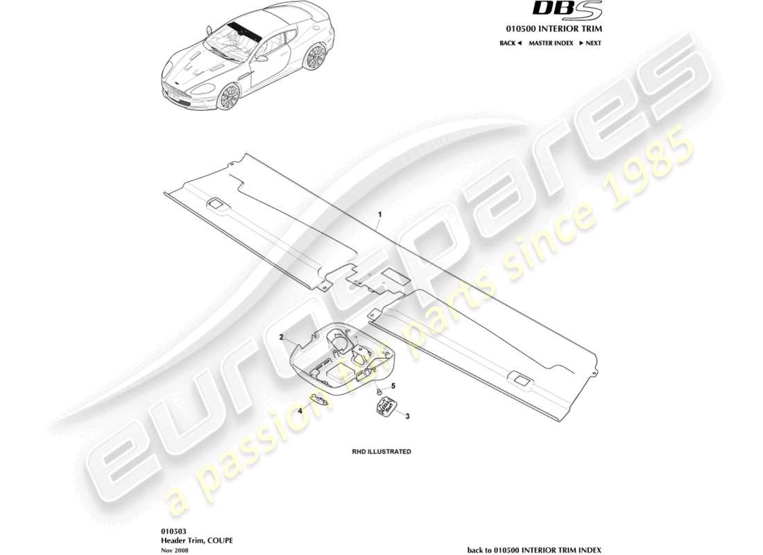 aston martin dbs (2010) kopfverkleidung, coupé teilediagramm