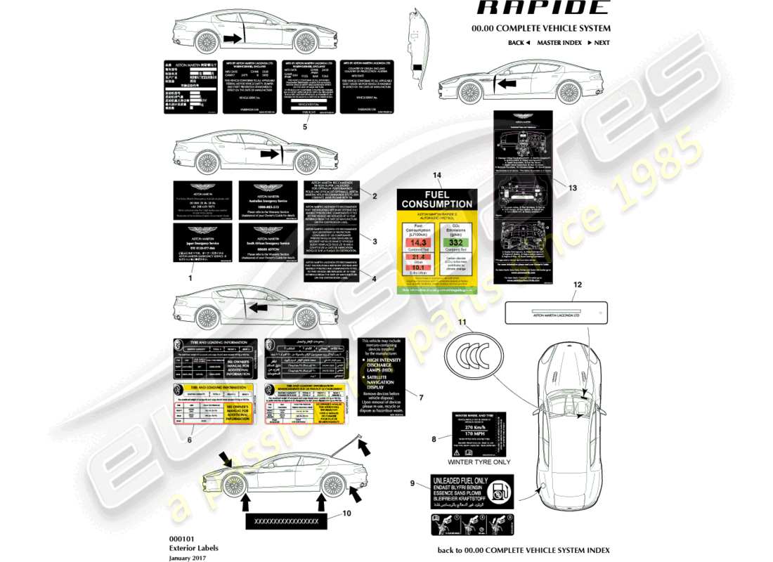 aston martin rapide (2013) außenetiketten teilediagramm