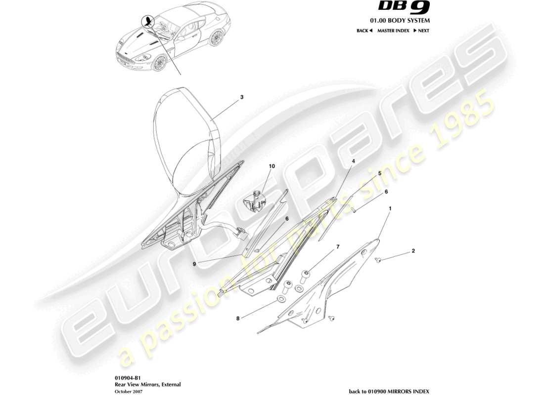 aston martin db9 (2007) schema delle parti degli specchietti retrovisori esterni