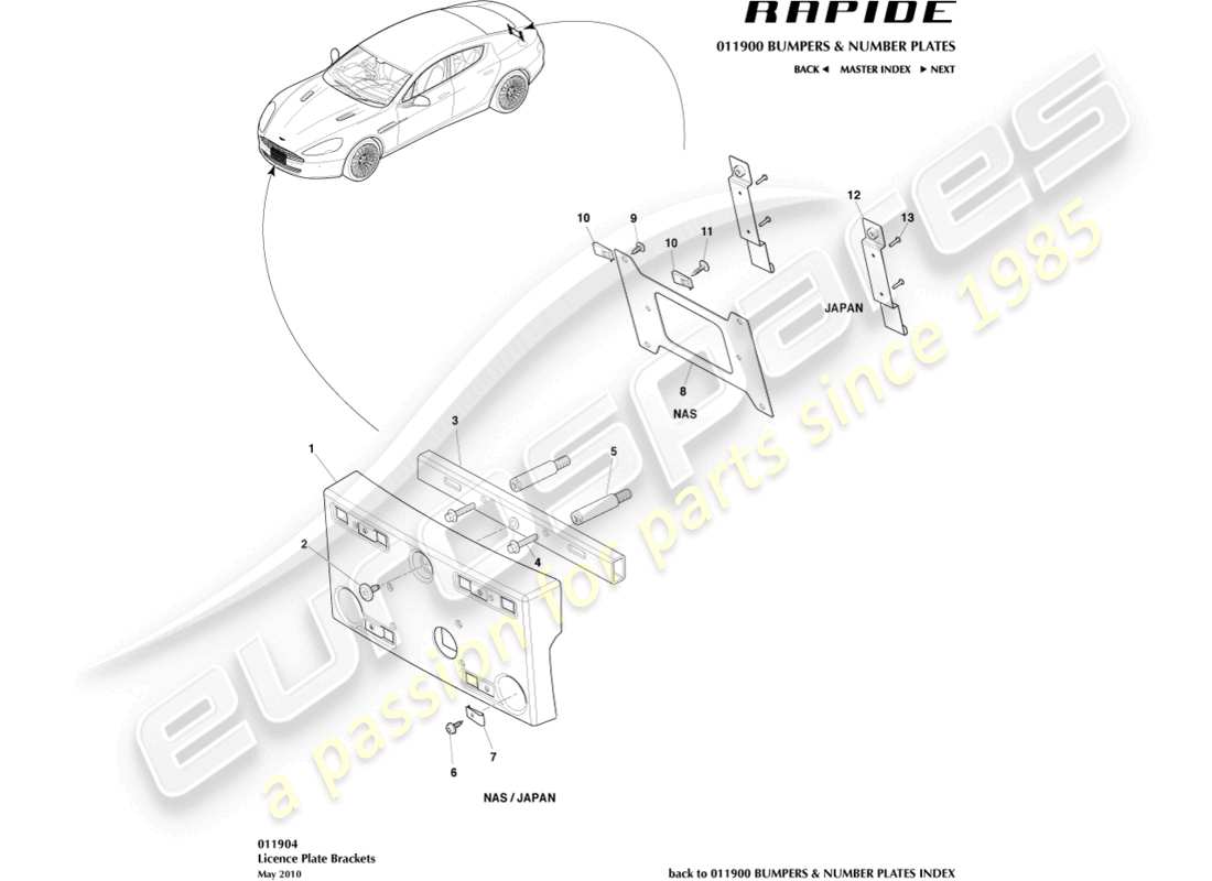 aston martin rapide (2011) plinti per targa diagramma delle parti