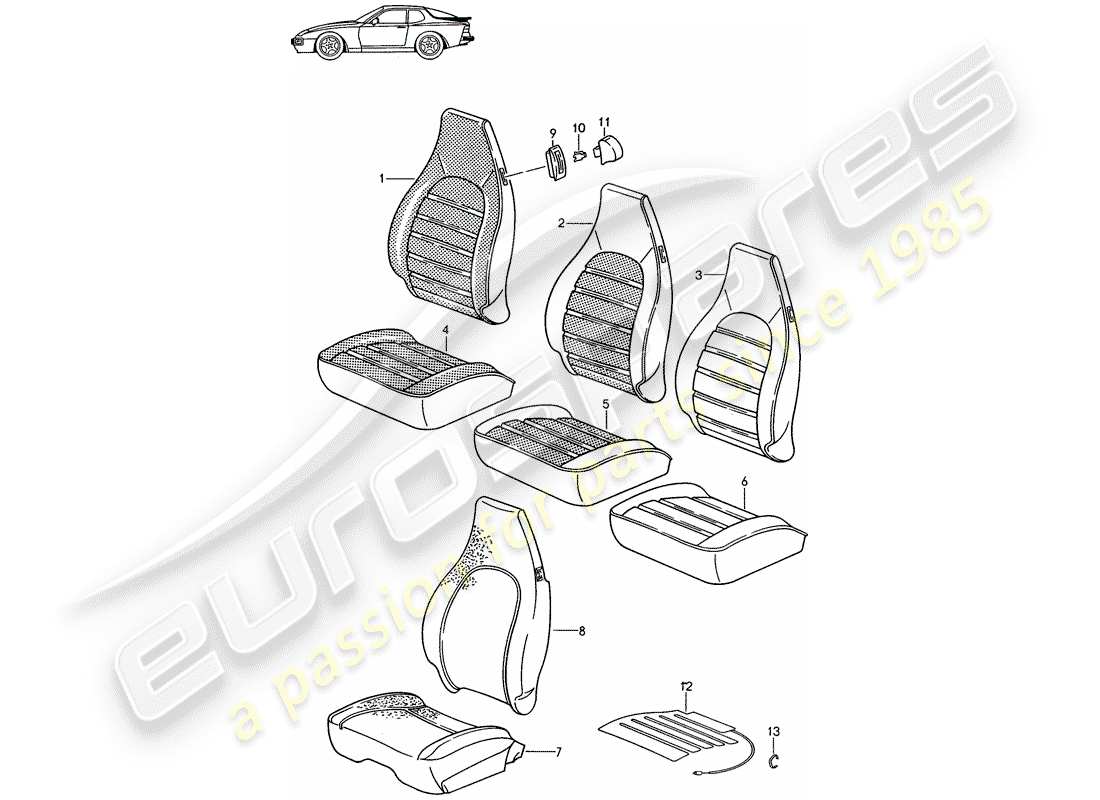 un diagramma delle parti dal catalogo delle parti porsche 1994 (seats for 944/968/911/928)
