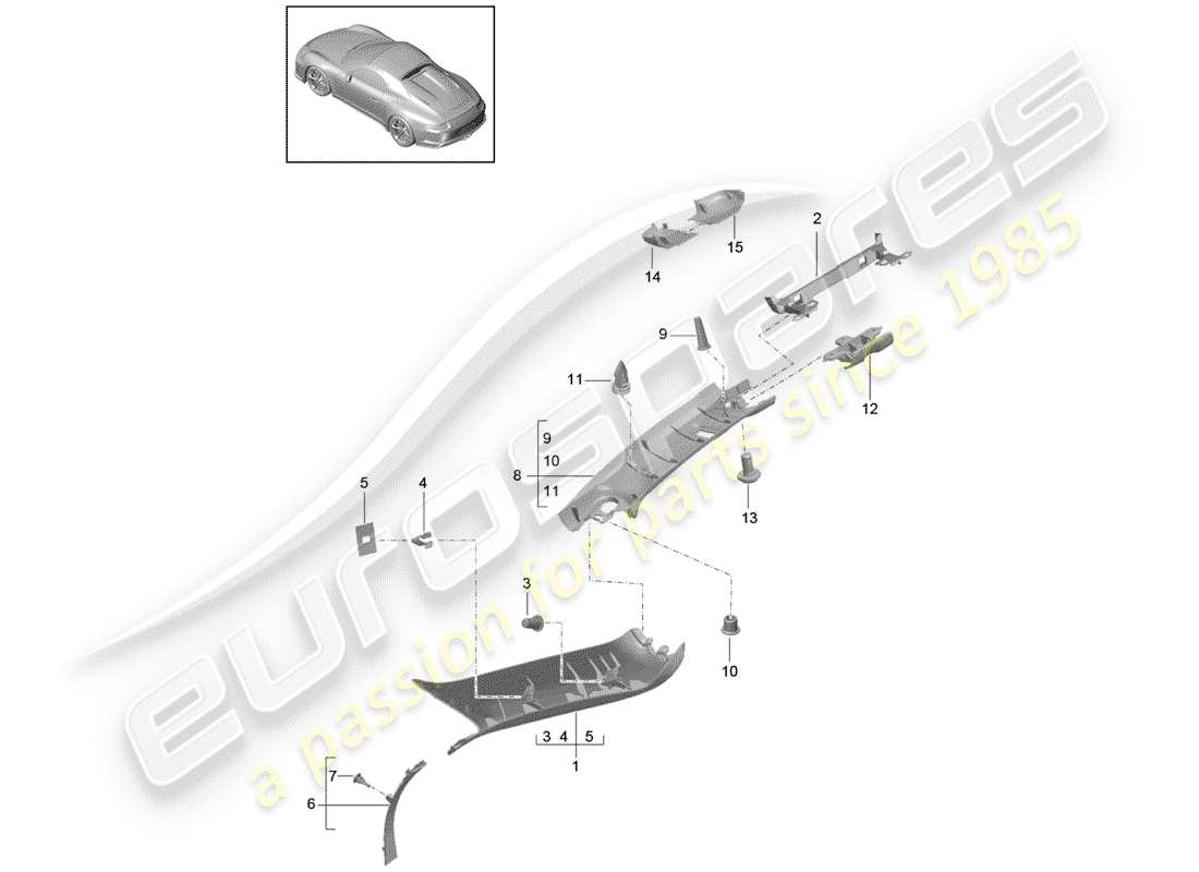 porsche 2015 (991-1 r/gt3/rs) diagramma delle parti del montante a