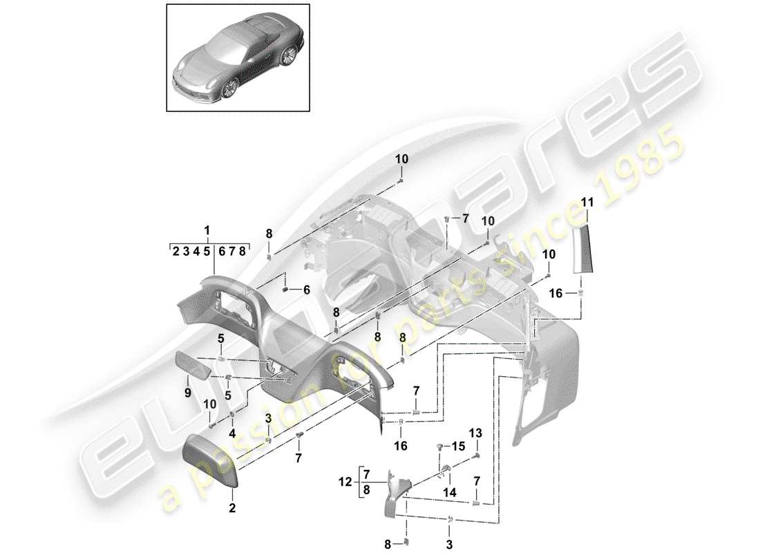 porsche 2015 (991-1 r/gt3/rs) pannello di rivestimento per traversa schema delle parti