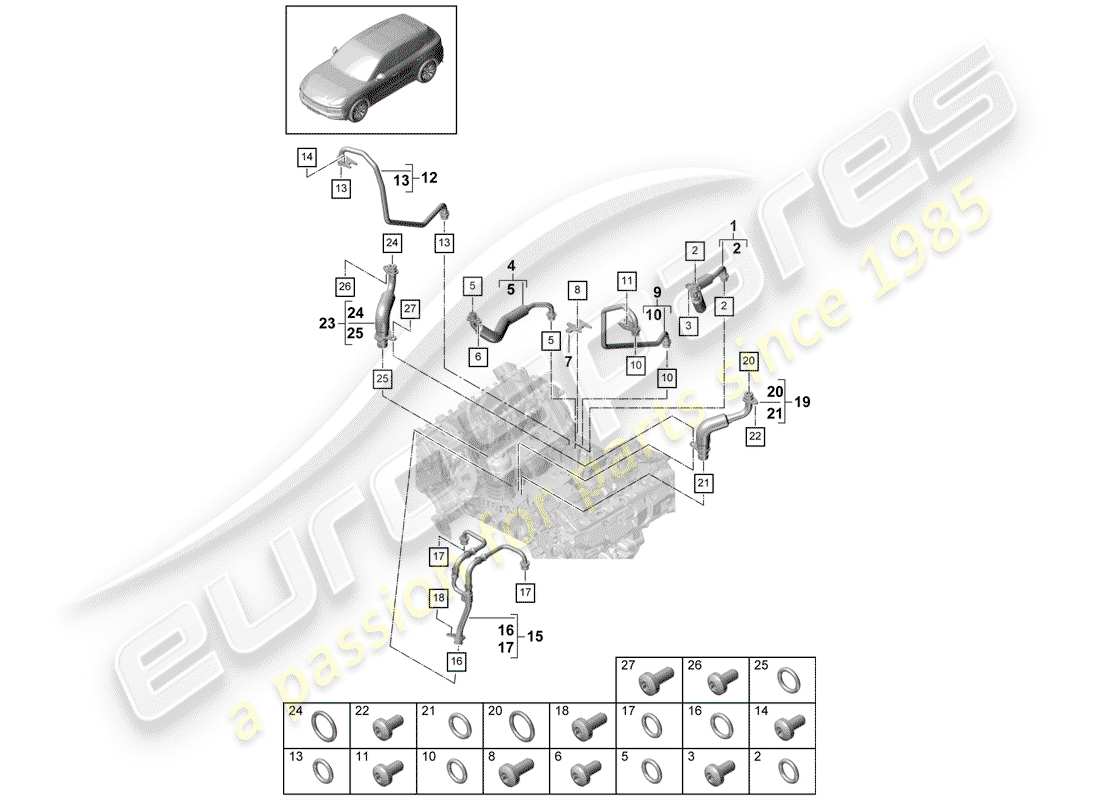 porsche 2018 (cayenne e3 9ya/9yb) raffreddamento ad acqua per diagramma delle parti