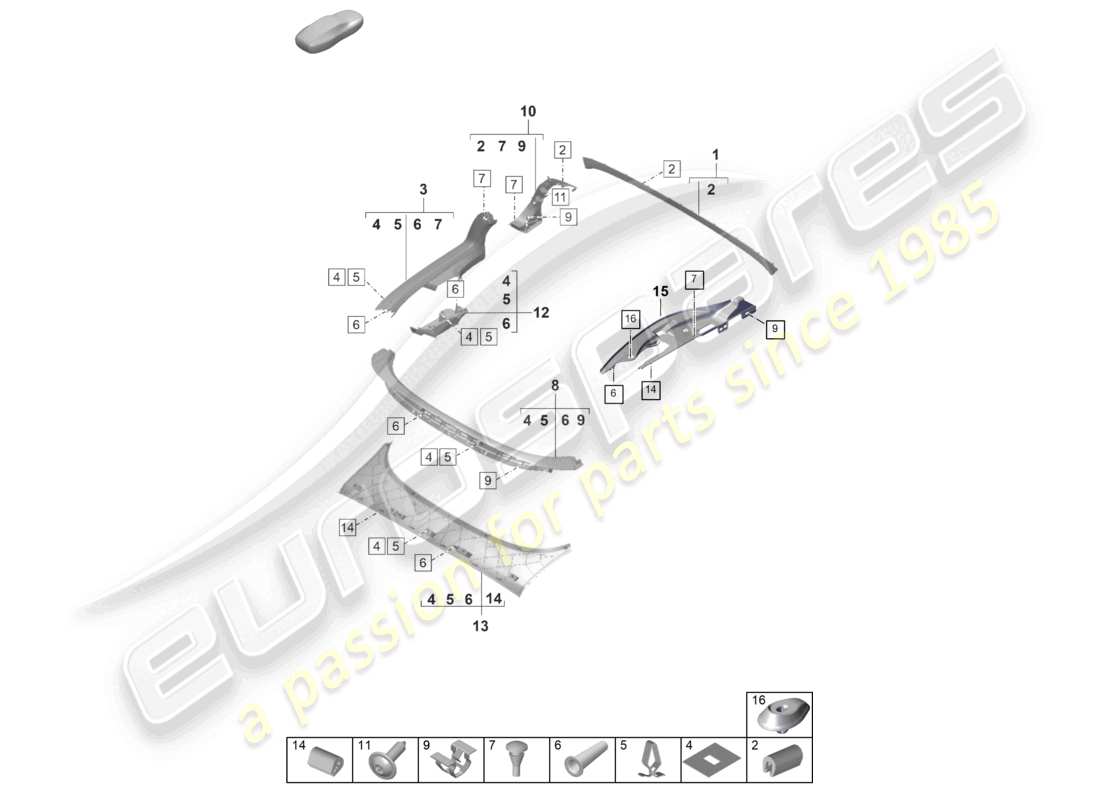 porsche 2019 (992-1) rivestimento interno del vano portaoggetti superiore della cabriolet diagramma delle parti