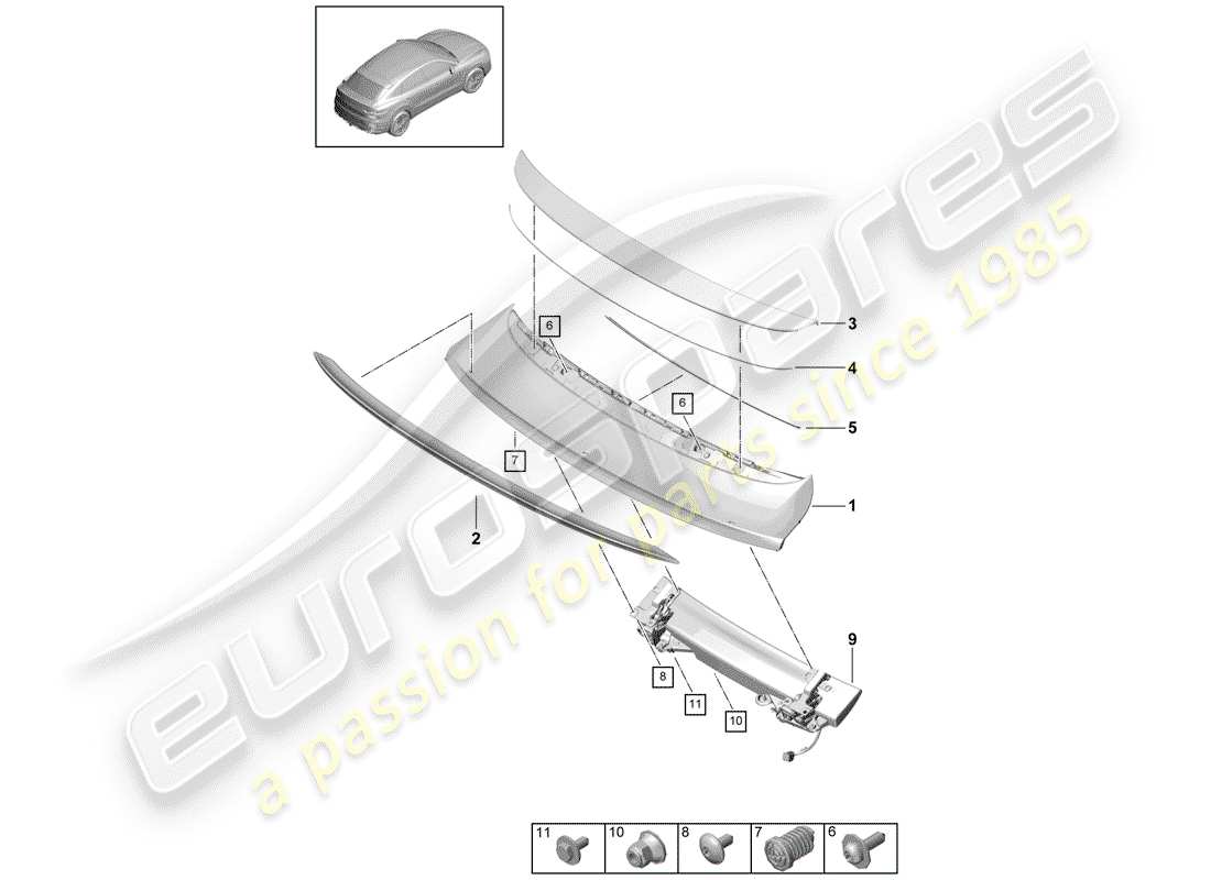 porsche 2018 (cayenne e3 9ya/9yb) spoiler posteriore diagramma delle parti