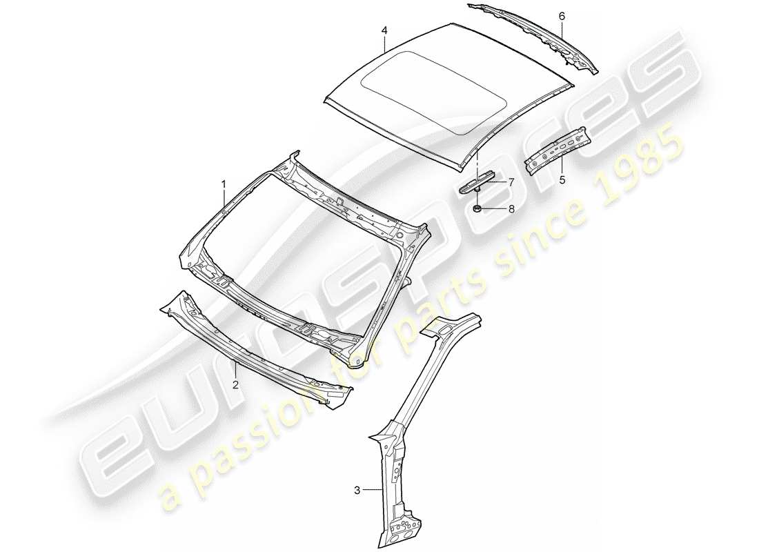 porsche 2007 (997-1 gt3) diagramma delle parti del cappuccio
