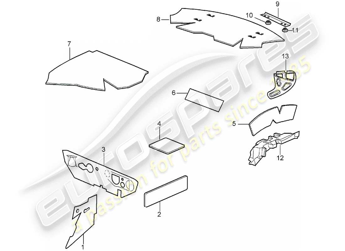 porsche 1998 (996) scocca - assorbitori acustici diagramma delle parti