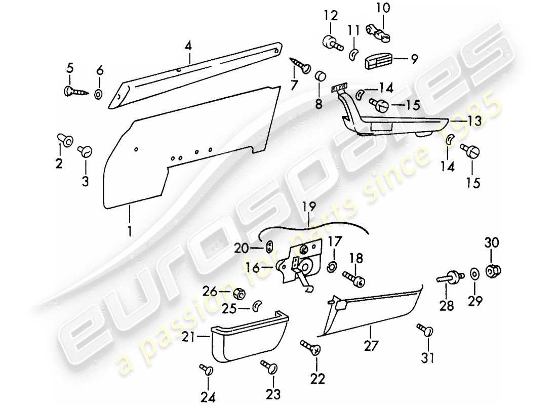 porsche 1966 (911/912) equipaggiamenti interni - porte - d - mj 1969>> schema delle parti
