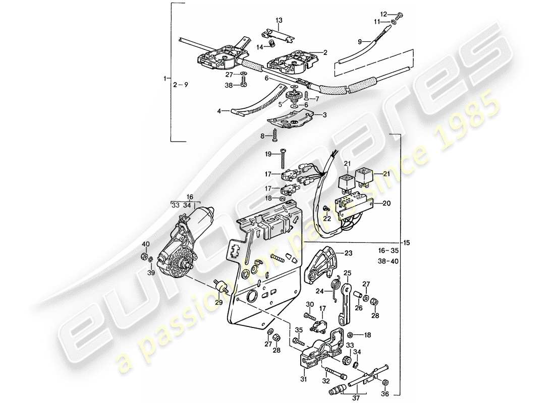 porsche 1991 (944) tetto sollevabile - meccanismo di guida diagramma delle parti