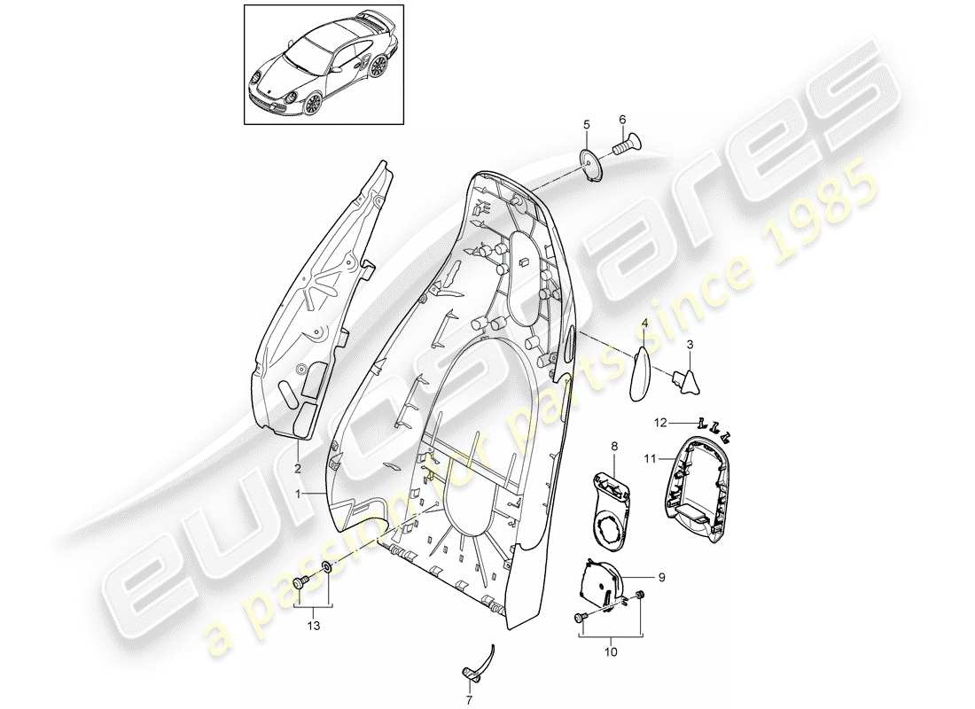 porsche 2009 997-2 turbo / gt2 guscio dello schienale schema delle parti
