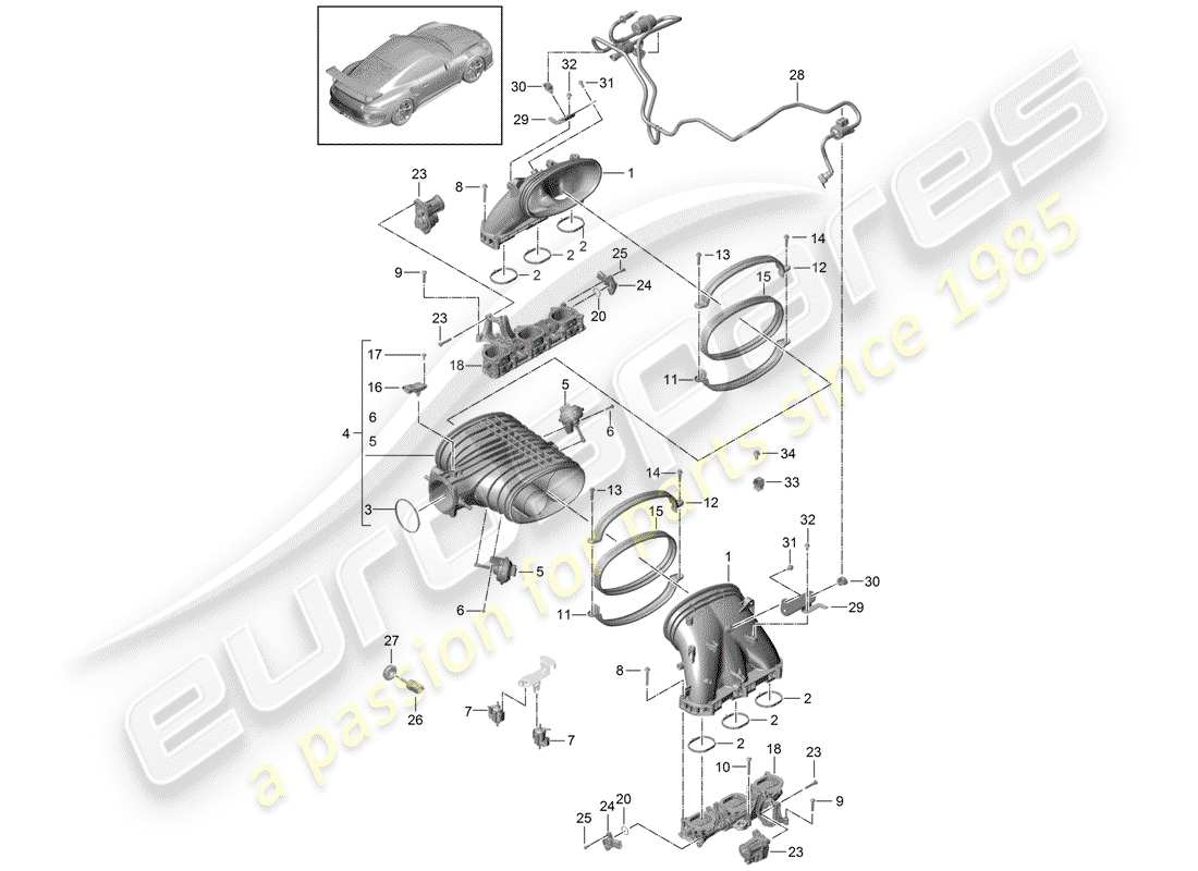 porsche 2017 (991-2 r/gt3/rs) sistema di aspirazione diagramma delle parti