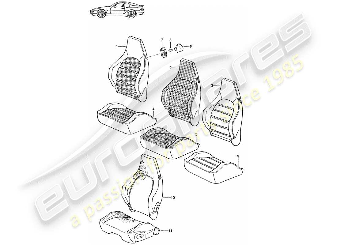 un diagramma delle parti dal catalogo delle parti porsche 1989 (seats for 944/968/911/928)